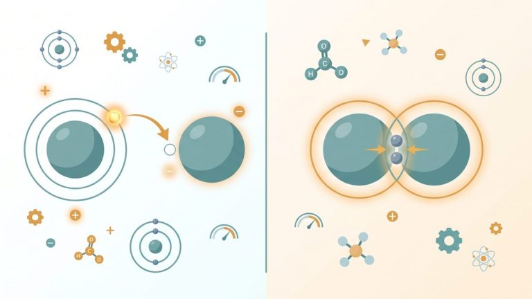 Ilustrasi dua pasang atom: pasangan kiri berpindah elektron (ikatan ion), pasangan kanan berbagi pasangan elektron (ikatan kovalen)