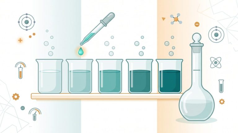 Ilustrasi deretan gelas kimia berisi larutan hijau toska dari yang encer hingga pekat, dengan pipet dan labu ukur