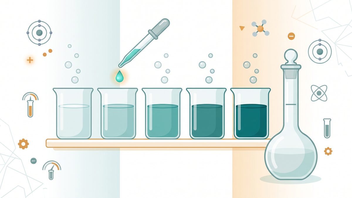 Ilustrasi deretan gelas kimia berisi larutan hijau toska dari yang encer hingga pekat, dengan pipet dan labu ukur