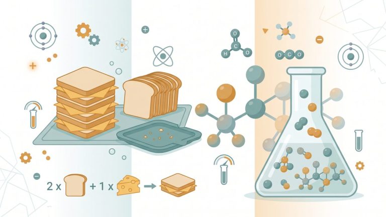 Ilustrasi analogi roti lapis: tumpukan roti tersisa sementara keju sudah habis, di samping labu reaksi berisi molekul
