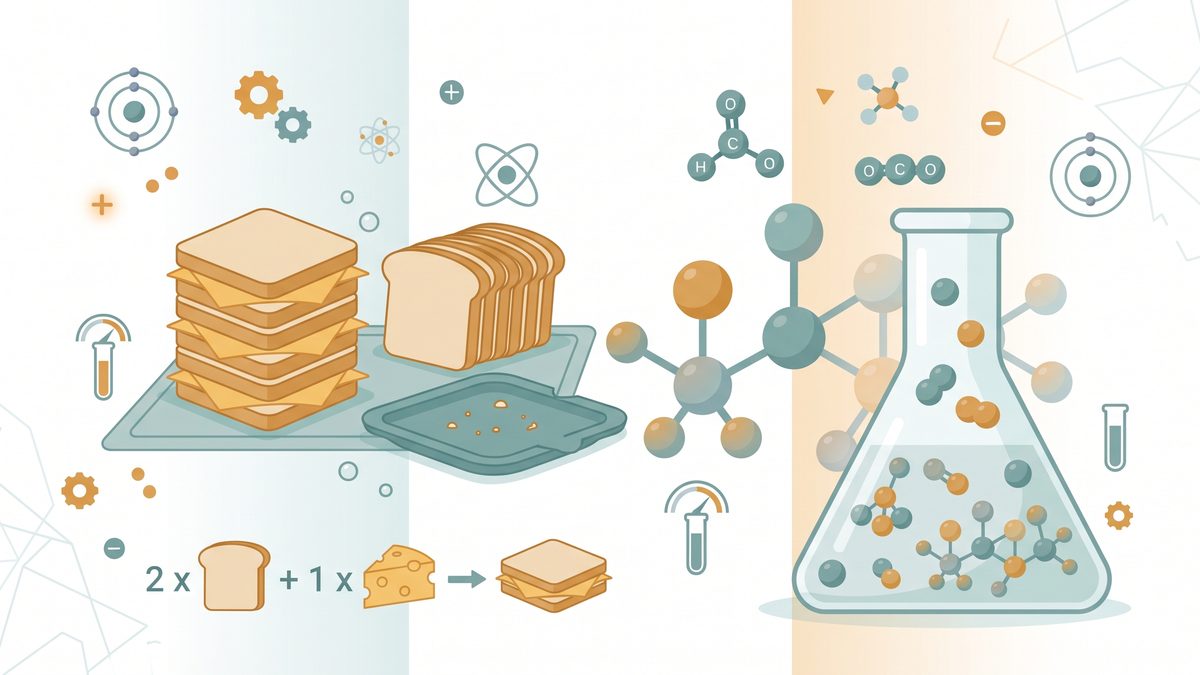 Ilustrasi analogi roti lapis: tumpukan roti tersisa sementara keju sudah habis, di samping labu reaksi berisi molekul