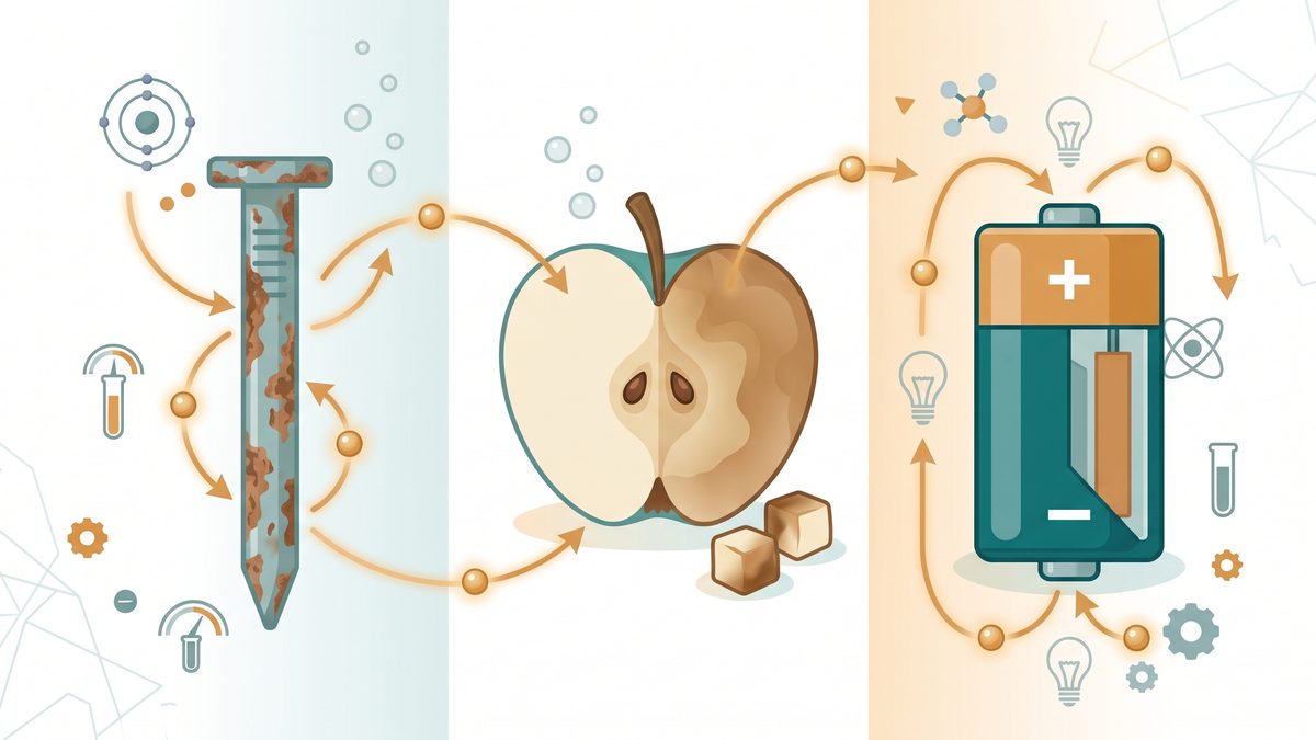 Ilustrasi paku besi berkarat, irisan apel yang menjadi cokelat, dan baterai dengan panah perpindahan elektron