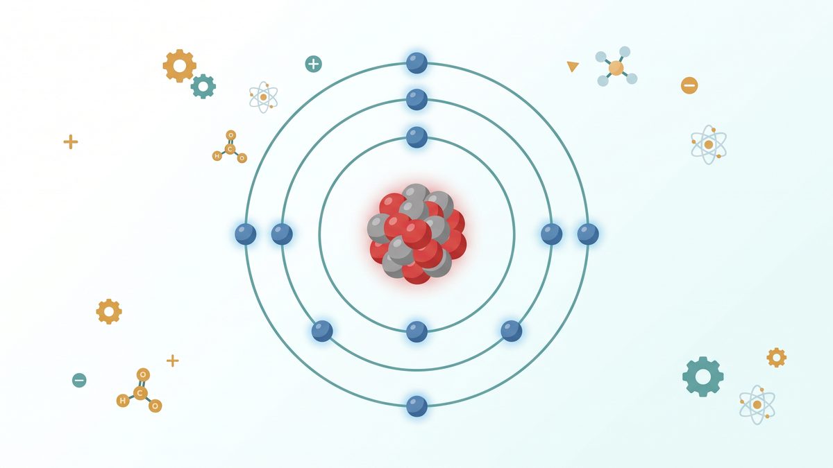 Ilustrasi model atom dengan inti berisi proton merah dan neutron abu-abu, serta elektron biru pada lintasan melingkar