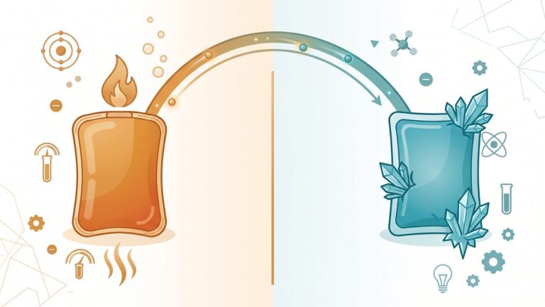 Ilustrasi kompres panas berwarna oranye dengan nyala api dan kompres dingin berwarna biru dengan kristal es, dihubungkan kurva energi